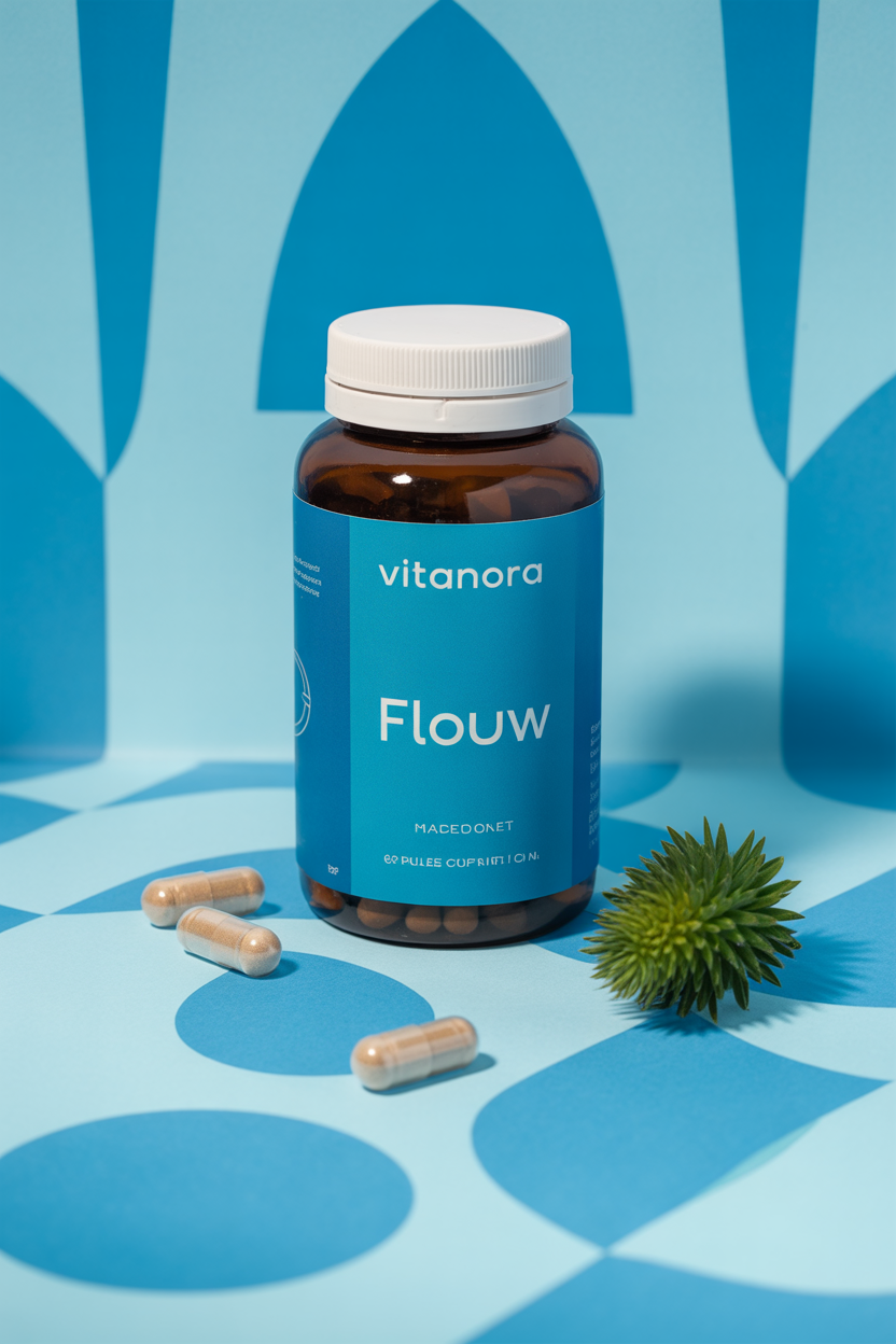 Vitanora Flow product bottle on a blue themed background